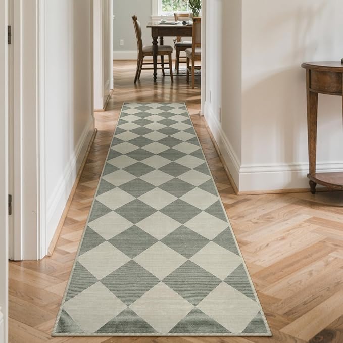 Beeiva Checkered Print Rug Runners for Hallways 2.5x10, Green Kitchen Runner Rugs Non Skid Washable Ultra Thin Faux Wool Long Carpet for Hallway, Checkerboard Neutral Floor Carpet for Kitchen Decor
