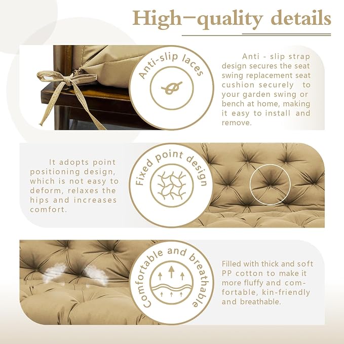Porch Swing Cushions Waterproof Khaki Outdoor Swing Cushions 2-3 Seater Thicken 5" Patio Swing Cushion with Backrest 40 ×40" Swing Replacement Cushion for Outdoor Furniture