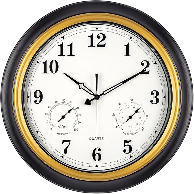 Outdoor Clock 18 Inch, Large Outdoor Clocks Waterproof Weatherproof with Thermometer & Hygrometer Combo, Easy-to-Read Outside Wall Clock for Patio, Garden, Poolside, Backyard, Seniors & Families