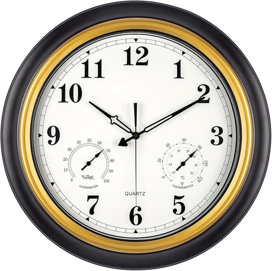 Outdoor Clock 18 Inch, Large Outdoor Clocks Waterproof Weatherproof with Thermometer & Hygrometer Combo, Easy-to-Read Outside Wall Clock for Patio, Garden, Poolside, Backyard, Seniors & Families