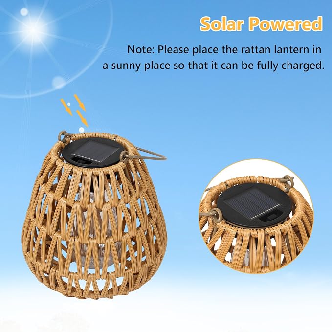 2 Pack Solar Lights Outdoor Waterproof, Rattan Solar Lantern, Hanging Outdoor Solar Lights for Yard, Outdoor Solar Lanterns Decorative, Garden Lights Solar Powered for Tree, Patio, Table Lantern Decor