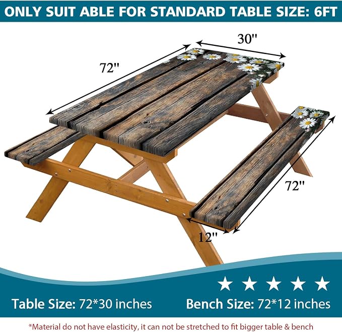 Picnic Table Cover with Bench Cover, Outdoor Patio Camping Essentials Farmhouse Daisy Table Covers with Elastic Waterproof Camping Tablecloth with Drawstring Bag, 72In 3PCS