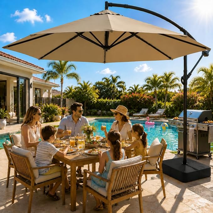 10FT Patio Umbrella with Base, Outdoor Umbrella Pool Umbrella Cantilever Umbrells - UV Protection, Easy Tilt & 360° Rotation for Poolside, Backyard & Garden