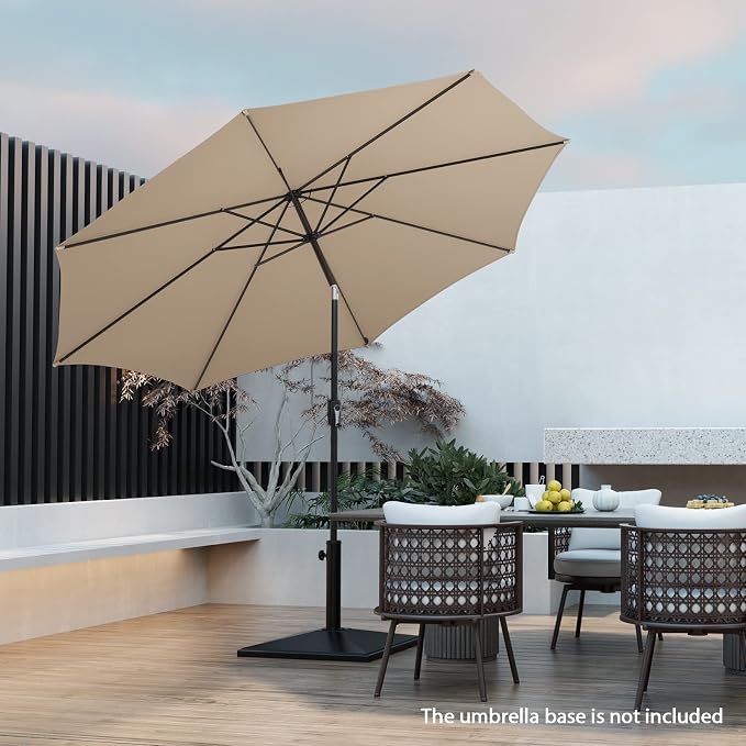 HAPPYGRILL 10 FT Solar Patio Umbrella with 112 LED Light, Outdoor Umbrella with Tilt Adjustment, Crank System, 8 Metal Ribs & Vented Top, Deck Table Market Umbrella for Garden Pool Deck Yard