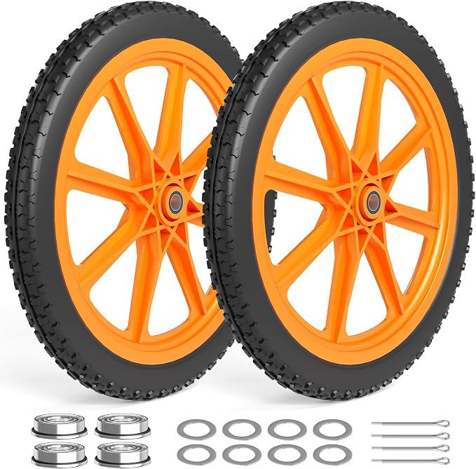 RONPOW 20 Inch Flat Free Wheelbarrow Wheels Compatible with rubbermaid Wheelbarrows Cart Tires, 5/8" Bearings and 3/4" Bearings, Replacement Wheelbarrow Wheels Garden Yard Carts, 400Lbs, 2Pack Orange