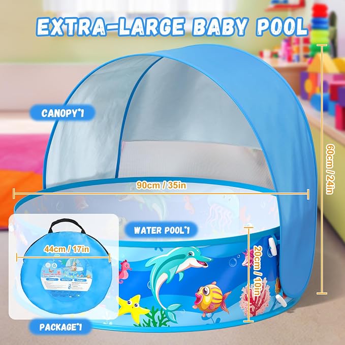 Baby Pool with Canopy Foldable Kiddie Pool with Sun Shade Pools for Toddlers Baby Beach Essentials Pop Up Tent Swimming Wading Pools Portable Summer Water Play for Indoor Outdoor Beach Backyards