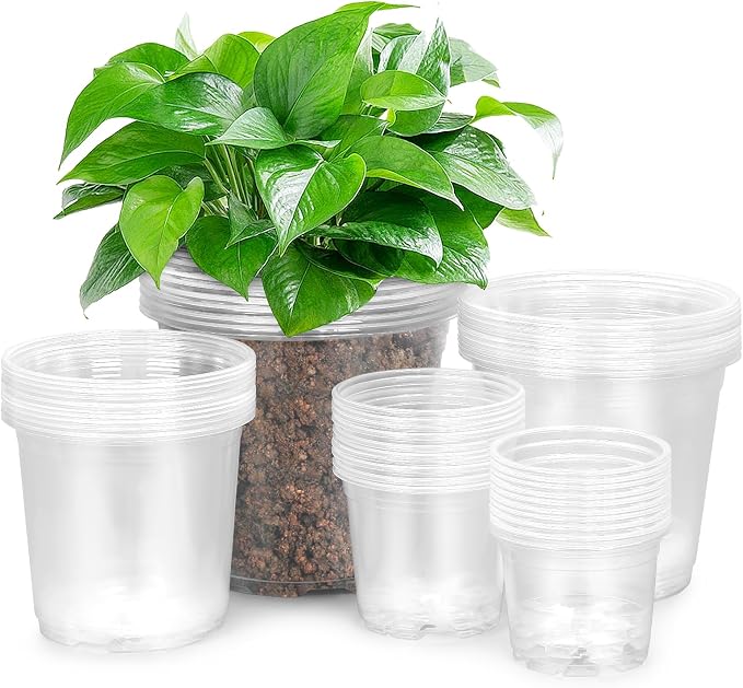 FUIJOL 50 Pack 3/4/5/6/7 Inch Clear Nursery Pots with Drainage Holes, Durable Plastic Nursery Pots for Plants, Succulents, Herbs, Flowers, and Vegetable Seedlings (3+4+5+6+7 inch, 50 Pack)