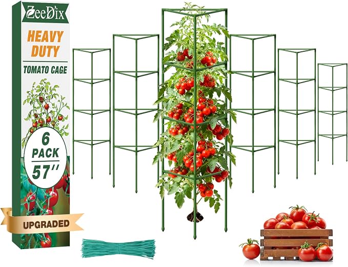 ZeeDix 6 Pack Heavy Duty Tomato Cages for Garden, 57 Inch Plant Trellis for Raised Garden Bed Outdoor, Adjustable Tomato Support Stakes for Heavy Climbing Plants & Vegetables