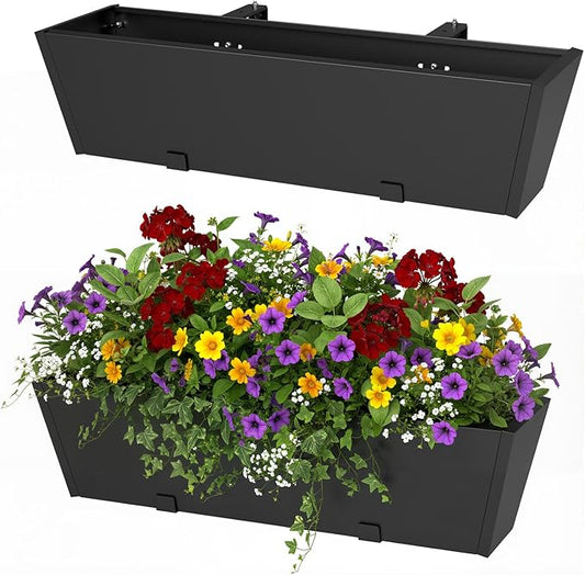 2 Pack Railing Planter Box 36 Inch - Heavy Duty Metal Window Boxes, Deck Railing Planter Boxes with Adjustable Bracket & Drainage, Hanging Planter for Deck Railing Balcony & Patio