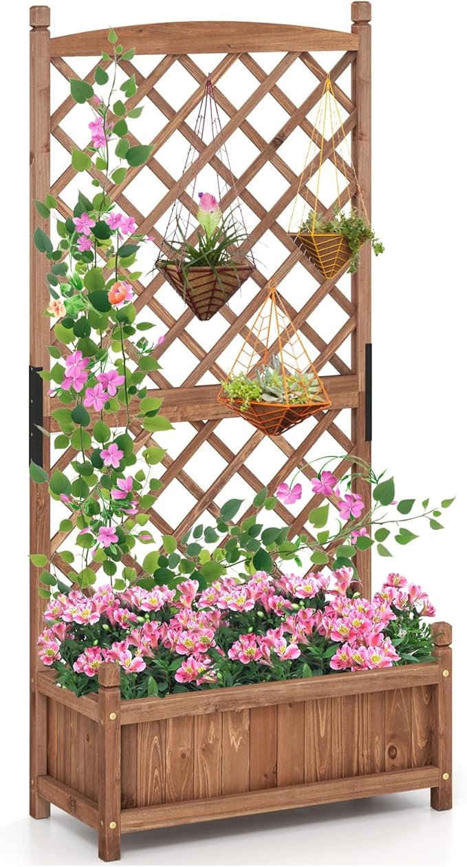 Giantex Raised Garden Bed with Trellis, 60” Wooden Planter Container with Drainage Holes, High Trellis for Plant Flower Climbing Pot Hanging, Indoor & Outdoor Planter Box for Yard Garden Balcony