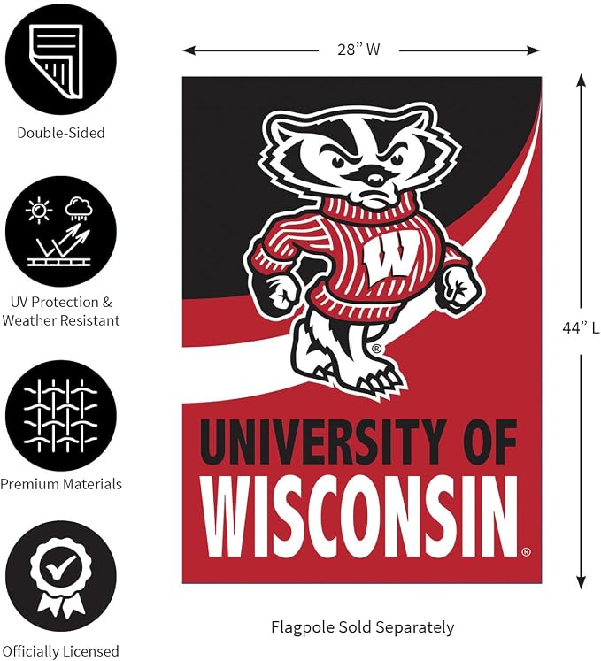 NCAA University of Wisconsin-Madison House Flag, 28 x 44, Double Sided Garden Flags for Outside, Outdoor College Flags & Banners for Gardens Patio, Indoor Wall Decor Flag for Room