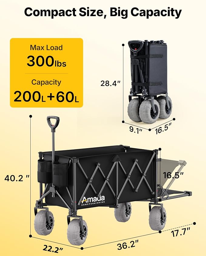 Beach Wagon with Big Wheels for Sand, 260L Capacity, Heavy Duty All-Terrain Folding Wagon with Expandable Rear, Durable Carbon Steel Frame & Big 8.3" Wheels for Beach, Outdoor & Camping Activities