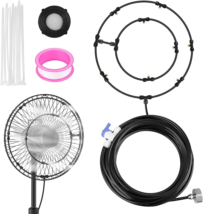 Fan Misting Kit for Cooling Outdoor, 27 FT Misting Hose with 8 brass nozzles for Cooling for Patio, Camping, BBQ, Pool & Garden Outdoor
