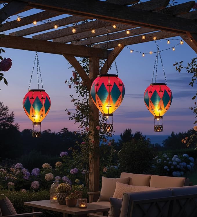 Regal Art & Gift Hot Air Balloon Solar Lantern – Hanging Solar-Powered LED Lights, Waterproof Portable Decorative Outdoor Lamp Made of Metal & Glass for Garden, Patios & Pathway – Diamond (Large)
