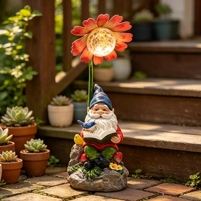 COWOS Solar Powered Garden Gnome Statue with Glowing Flower Light, Hand-Painted Resin Figurine for Outdoor Patio, Yard, Lawn Decor, Gift for Garden Lovers