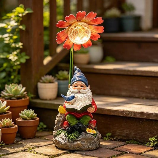 COWOS Solar Powered Garden Gnome Statue with Glowing Flower Light, Hand-Painted Resin Figurine for Outdoor Patio, Yard, Lawn Decor, Gift for Garden Lovers
