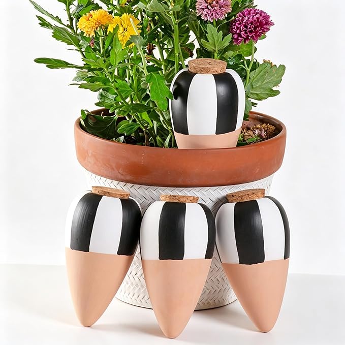 4 Pack Terracotta Watering Spikes, Plant Watering Devices Wine Bottle Automatic Plant Self Watering Spikes for Vacations, Clay Self-Watering Stakes for Indoor Outdoor Plants