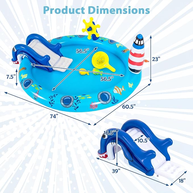 GLACER Kiddie Pool with Slide, 74”x 60.5”x 23” Thicken Water Play Center | Inflatable Swimming Pool with Sprinkler & Fishing Toys, Elevated Rails, PVC Outdoor Blow-Up Splash Pad for Backyard, Garden