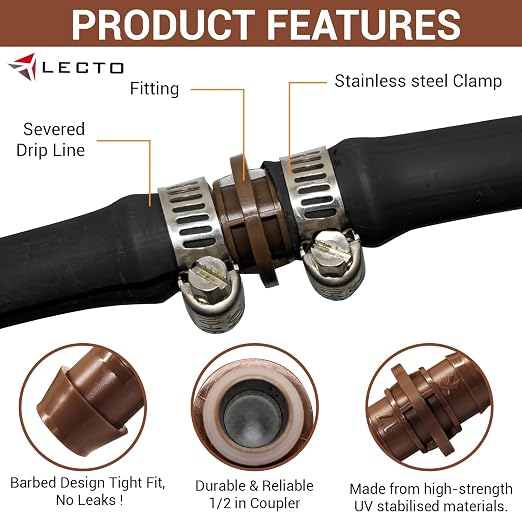LECTO Universal 5/8", 1/2", .700" Drip Line Repair & Extension Kit – Plastic Coupler with 2 Stainless Steel Hose Clamps