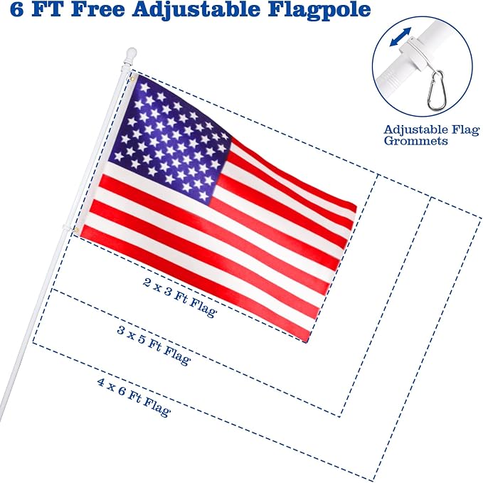 BONWIN White Flag Pole Kit for Outside House, 6 FT Thickened Stainless Steel Wall Mount Flag Pole for 3x5'/ 4x6' American Flag, 1" Anti-Wrap Spinning Flagpole Rings Hardware Kits for Porch Yard
