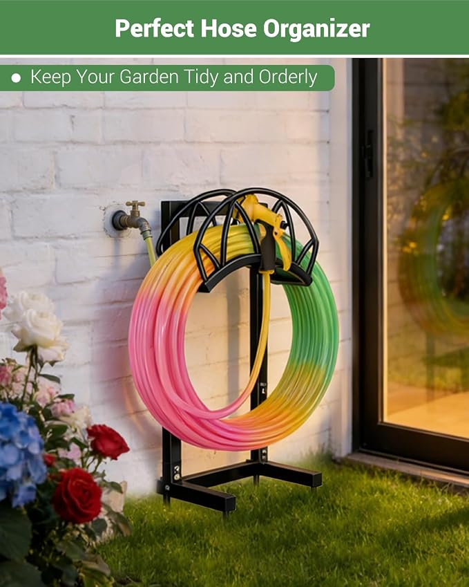 HZE Garden Hose Holder, Freestanding Water Hose Reel Stand for Outside, Heavy Duty Detachable Metal Storage Rack Holds 160 FT for Yard Lawn Farm, Black