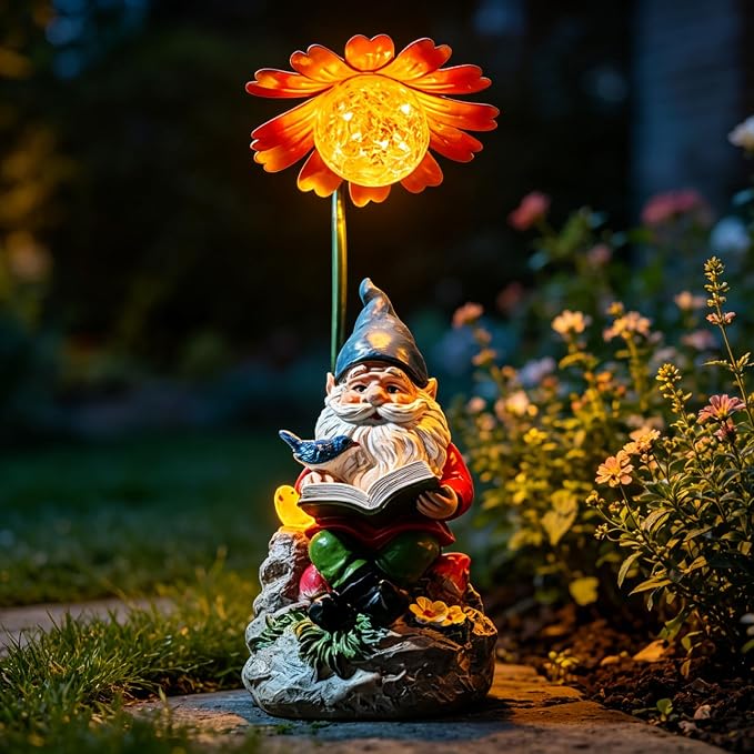 COWOS Solar Powered Garden Gnome Statue with Glowing Flower Light, Hand-Painted Resin Figurine for Outdoor Patio, Yard, Lawn Decor, Gift for Garden Lovers