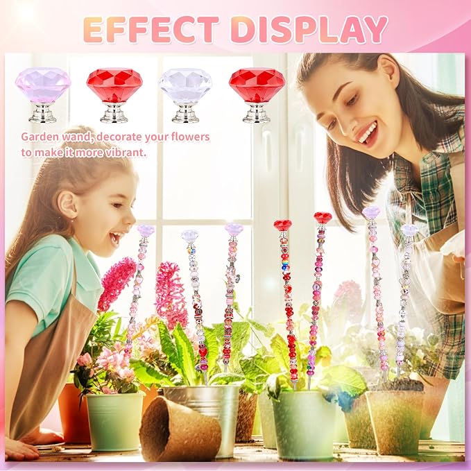 AIPRIDY DIY Crystal Beaded Fairy Wand Garden Stakes Kit, Colorful Decorative Wands with Assembly Guide, 12 or 10 Inch Threaded Rods,Outdoor Garden Decoration Set (174, Pink+Rose+Red+White+Diamond Top)