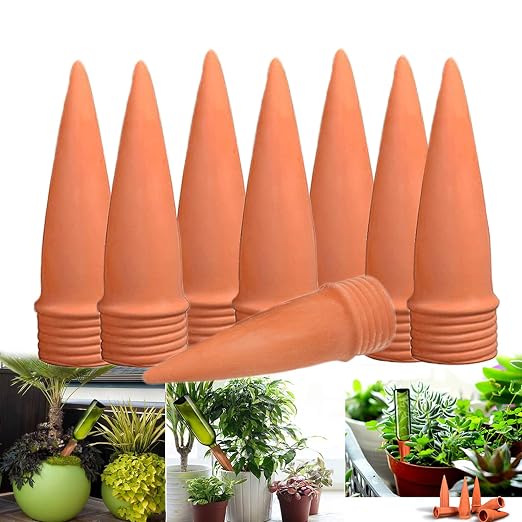 Terracotta Watering Spikes, 8 Pack Plant Watering Devices Self Watering Spikes Vacation Clay Watering Stakes Garden Plant Watering Globes for Indoor & Outdoor Plants