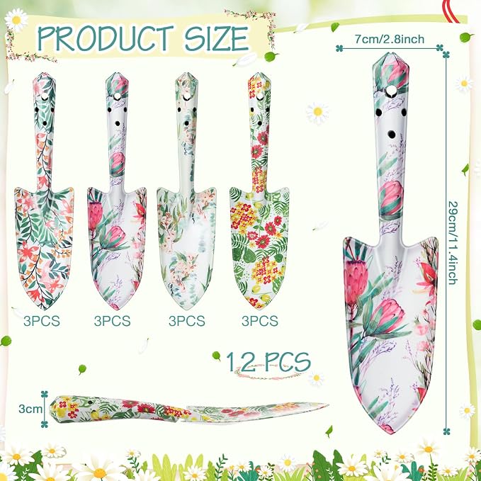 12 Pcs Floral Garden Shovels Bulk Gardening Gift for Women Heavy Duty Metal Garden Tools Floral Hand Shovel Planting for Summer Employees Birthday Thank You Gifts (Tropical Plants)