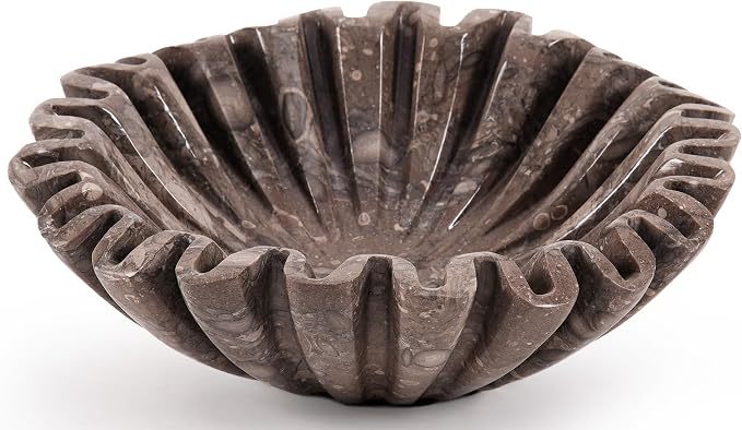 Marble Decorative Bowl Handmade 8 Inch Stone Ruffle Bowl, Fruit Bowl for Kitchen Counter, Large Scalloped Bowls for Housewarming Gifts, Modern Fluted Bowl for Home Decor