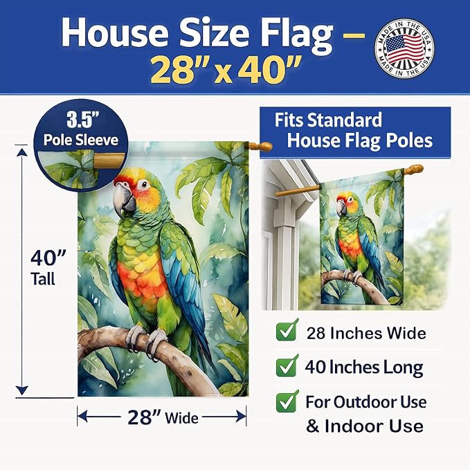 Caroline's Treasures Amazon Parrot House Flag Large Porch Sleeve Pole Decorative Outside Yard Banner Artwork Wall Hanging, Polyester, House Size, Multicolor