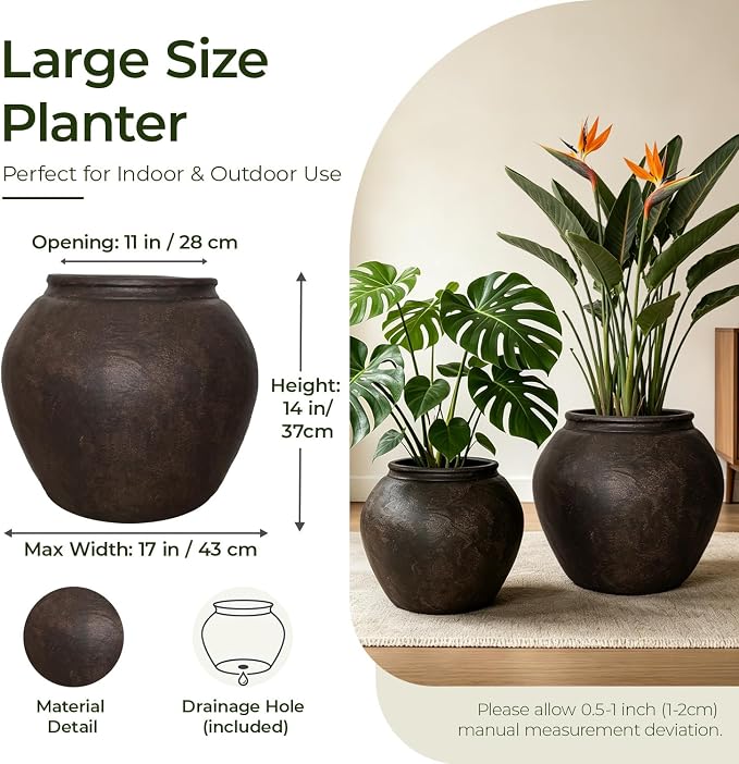 14" H x 17" Dia Fiberstone Planter Pot with Drainage Hole, Large Vintage Style Indoor Outdoor Flower Pot, Lightweight Decorative Planter for Patio, Porch, Garden, Entryway, Artificial Trees & Plants