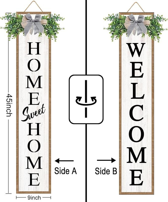 Welcome Sign for Front porch Standing 45"X9" Double-Sided Wood Frame Outdoor Tall Welcome Signs Vertical Decor for Farmhouse Rustic Home Modern Outside Front Door Wall Decorations