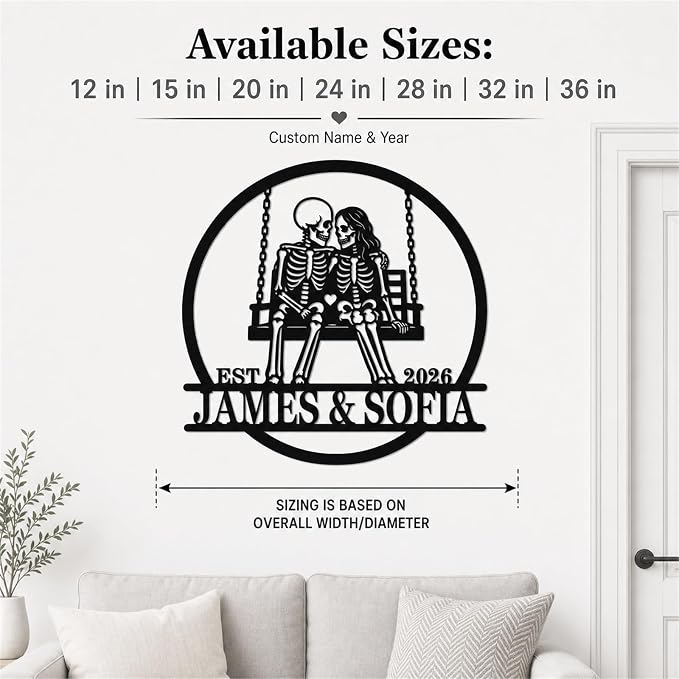 Personalized Skeleton Couple Metal Sign, Custom Couple Name Metal Wall Art, Gothic Wedding Decor, Halloween Home Decor for Living Room Bedroom Entryway
