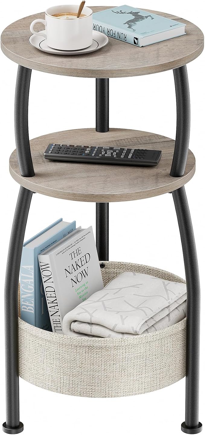 Round Side Table with Storage Basket –Small Space Saving End Table 3-Tier Coffee Table Bedside Corner Stand for Living Room, Bedroom, Garden and More 24in Tall Greige