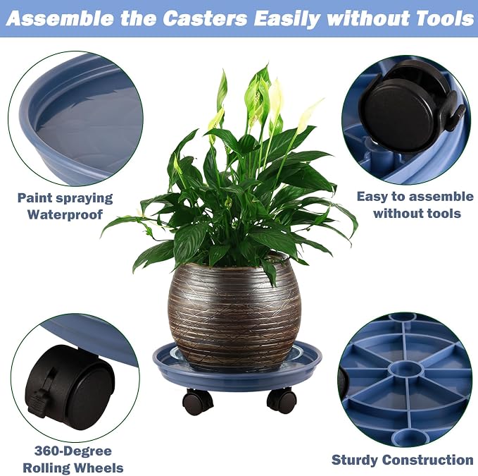 4 Packs Plastic Plant Caddy with Wheels 11.8" Plastic Rolling Plant Stands Heavy-Duty Plant Dolly with Casters Indoor and Outdoor Plant Roller Base Wheels, Blue