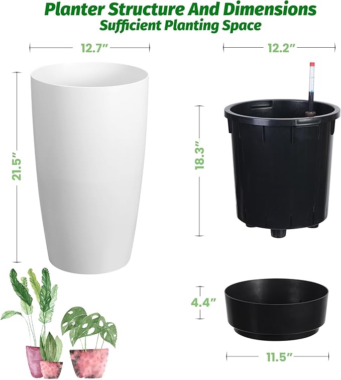 22" Tall Planter Set of 2, Self Watering Pots, Large Planter for Indoor Outdoor Plants, Built-in Drainage and a Water Level Monitor, Tall Planters for Patio, Porch, Living Room, Home Office, White
