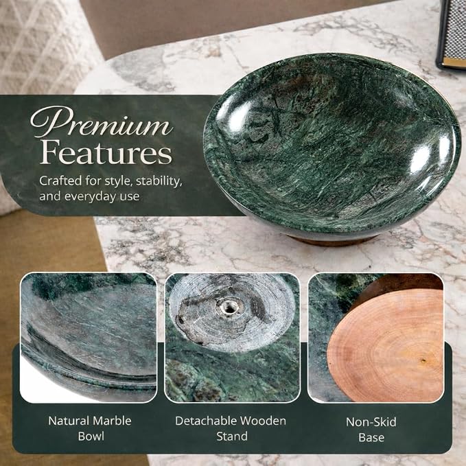 Decorative Marble Bowl Green - Handcrafted Natural Stone on Acacia Wood Pedestal - Versatile 10" Catch‑All Centrepiece for Home Decor - Entryway, Dining Table, Kitchen Fruit Bowl, Key Holder (Green)