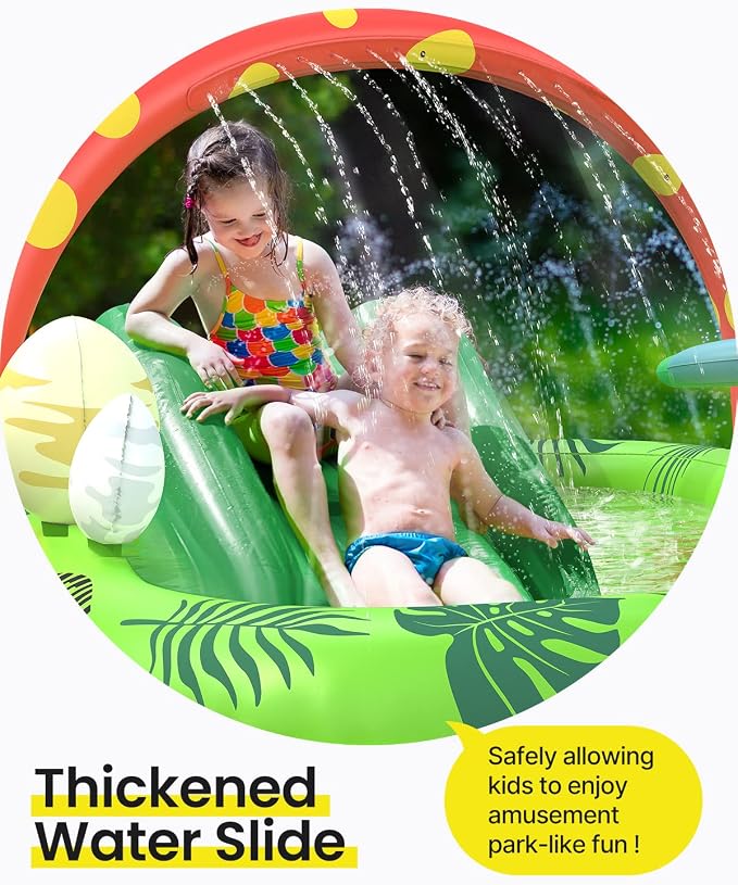 Inflatable Kids Pool, Airefina Dino Planet Inflatable Play Center Kiddie Pool with Water Slide, Ultra Thick 97"x76"x41" Toddler Pool with Play Ball Hoop, for Backyard, Garden, Water Park, Ages 3+
