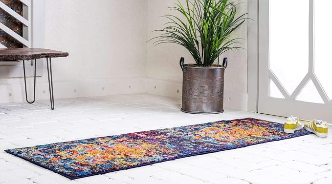 Unique Loom Estrella Collection Dark Colors, Modern, Abstract, Distressed Area Rug (2' 7 x 10' 0 Runner, Multi/Navy Blue)