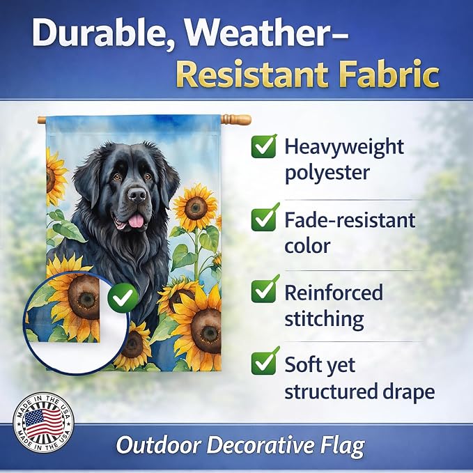 Caroline's Treasures DAC6123CHF Newfoundland in Sunflowers House Flag Large Porch Sleeve Pole Decorative Outside Yard Banner Artwork Wall Hanging, Polyester, House Size, Multicolor