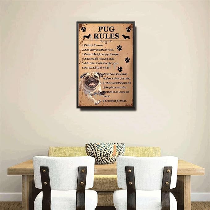 Metal Sign Tin Sign Vintage Wall Art Pug Rules Wall Art for Restaurant 6×8 Inches with Metal Frame