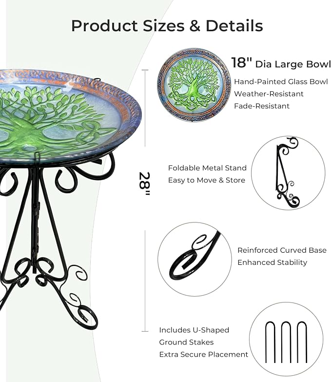 Large Bird Bath for Outside, Glass Bath Bowl with Metal Stand 28" H Standing Outdoor Birdbaths for Garden Yard Lawn Decor, Tree of Life-New