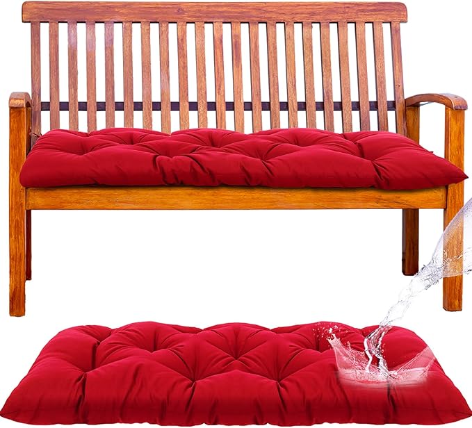 Wenqik Outdoor Bench Cushion 59 x 20 x 4 Inch Waterproof Patio Swing Cushion with Removable Zippered Cover Adjustable Ties Seat Pad for Porch Bench Garden Loveseat (Red, Classic)