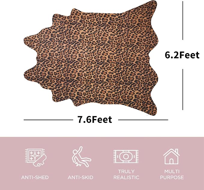 Leopard Rug 7.6x6.2 ft Cheetah Print Cowhide Rug Animal Rugs for Living Room Bedroom Dinning Room Nonslip Faux Cow Hide