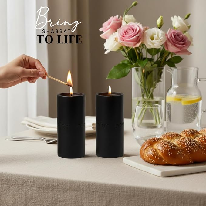 SURI Concrete Shabbat Candle Holders in Black | Jewish Judaica Gift Set with Modern Shabbat Candle Holders | Tall & Short, Ideal Shabbat Set for Tea Lights (Tealights not Included)