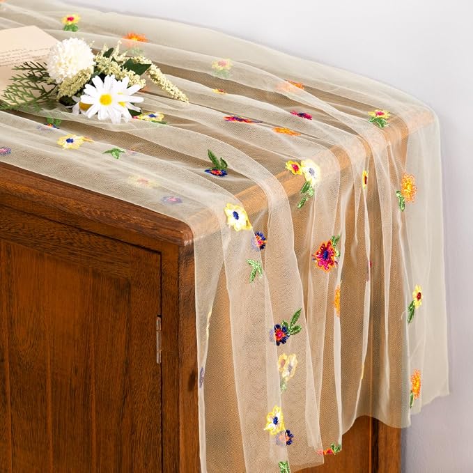 Socomi Flower Table Runner Summer Daisy Floral Tulle Gauze Cheesecloth Embroidery Table Runners for Tea Party Garden Wedding Bridal Baby Shower Birthday Picnic Decor Beige 3pcs