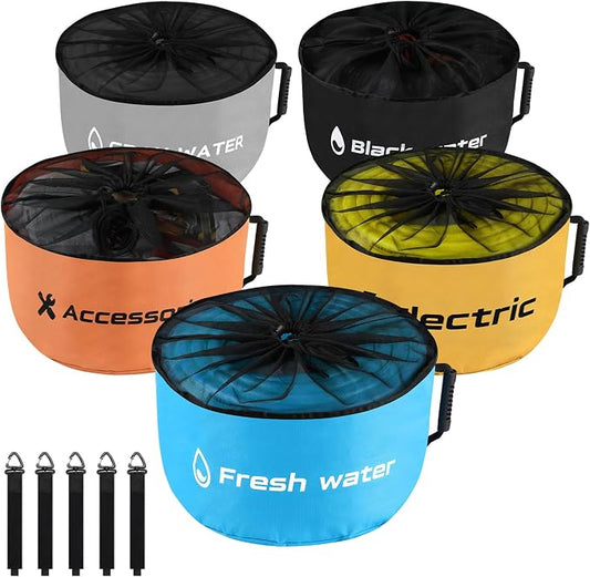 5 Pack RV Sewer Hose Storage with Drawstring Mesh Top, Waterproof RV Accessories Bags Utility Bag Organizer for Garden Fresh Water Hoses Electrical Cords Camper Tools