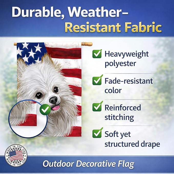 Caroline's Treasures CK6581CHF Japanese Spitz American Flag House Flag Large Porch Sleeve Pole Decorative Outside Yard Banner Artwork Wall Hanging, Polyester, House Size, Multicolor