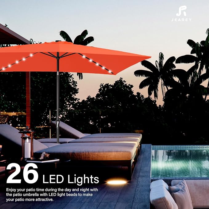 JEAREY 6.5x10 ft Rectangular LED Lighted Patio Umbrellas Outdoor Solar Table Market Umbrella w/Push Button Tilt/Crank, 6 Sturdy Ribs, UV Protection Waterproof Sunproof(Orange)